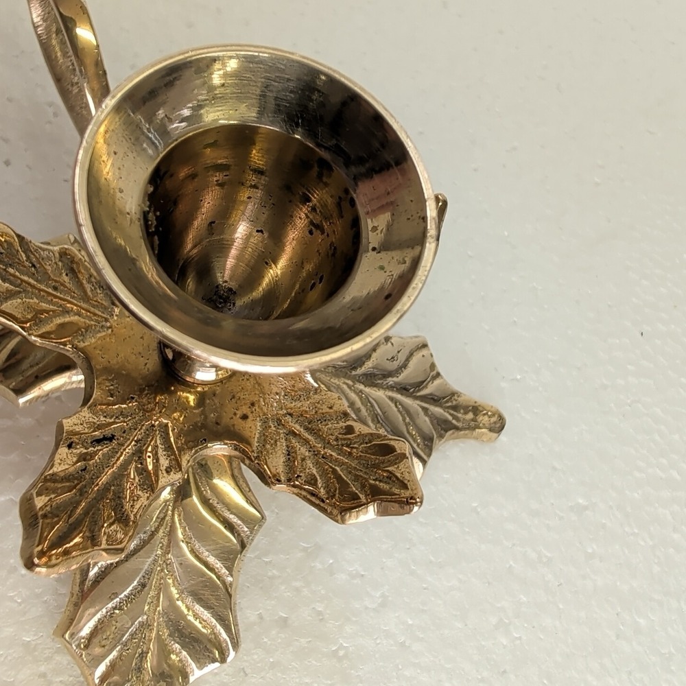 Brass Candlestick Holder Holly Leaves Christmas Decor Made In India W/Handle 3" - Picture 5 of 7